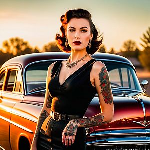 Confident Woman in Vintage Style by Classic Car at Sunset