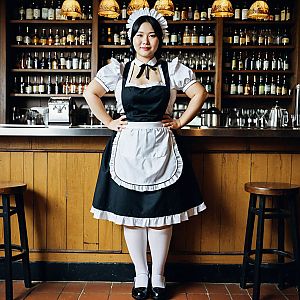Confident Maid in Classic Black and White Costume at a Wooden Bar