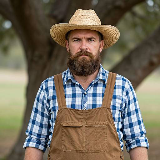 Bearded Man in Straw Hat and Overalls Outdoors