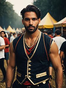 Man in Themed Outfit at Vibrant Festival with Colorful Tents