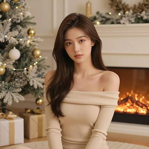 Young Woman in Off-Shoulder Sweater by Christmas Tree and Fireplace