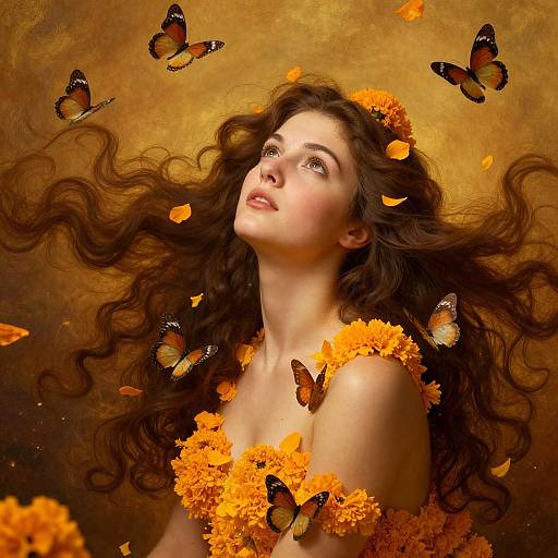 Ethereal Woman with Flowing Hair, Marigold Flowers, and Butterflies