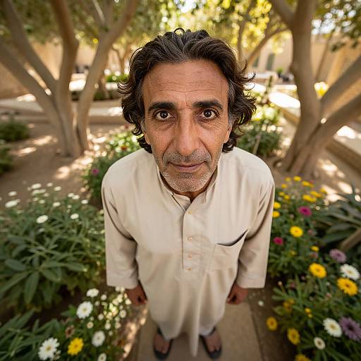 Middle-Aged Man in Traditional Kurta Standing in Flower Garden Wide Angle