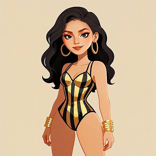 Glam Rock Woman with Black Hair and Gold Striped Bodysuit Illustration
