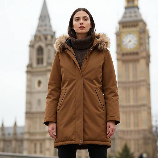 Woman in Brown Parka Near Big Ben London Winter Fashion
