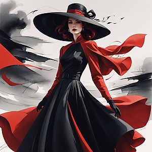 Elegant Woman in Vintage Black and Red Gown