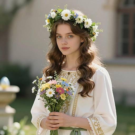 Young Woman in Traditional Embroidered Dress with Floral Crown and Wildflower Bouquet