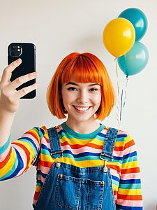 Young Woman Taking Selfie with Bright Orange Hair and Colorful Striped Shirt