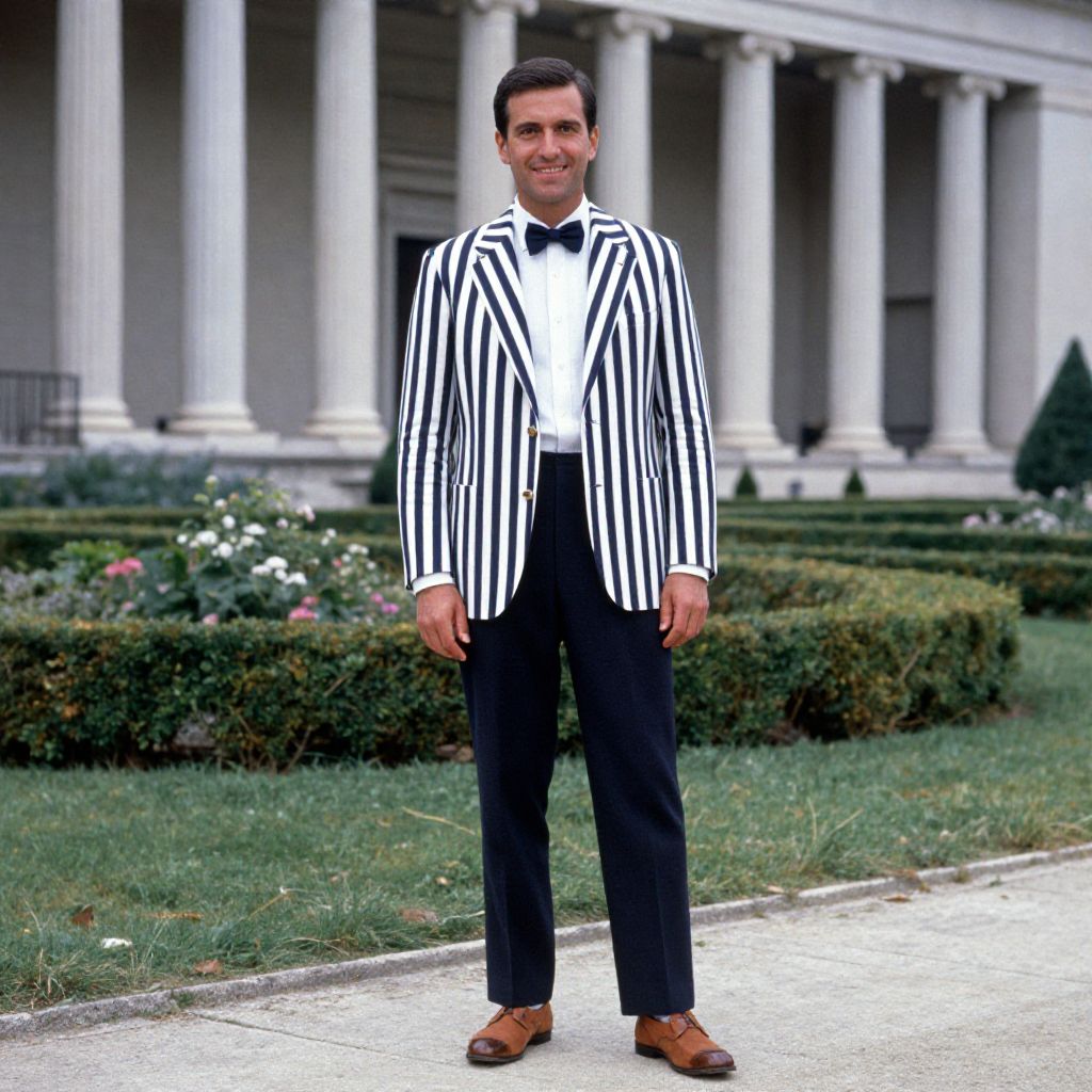 Man Wearing Navy and White Striped Blazer with Bow Tie Outdoors