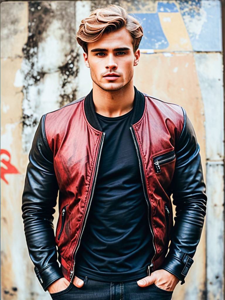 Handsome Man in Maroon Bomber Jacket