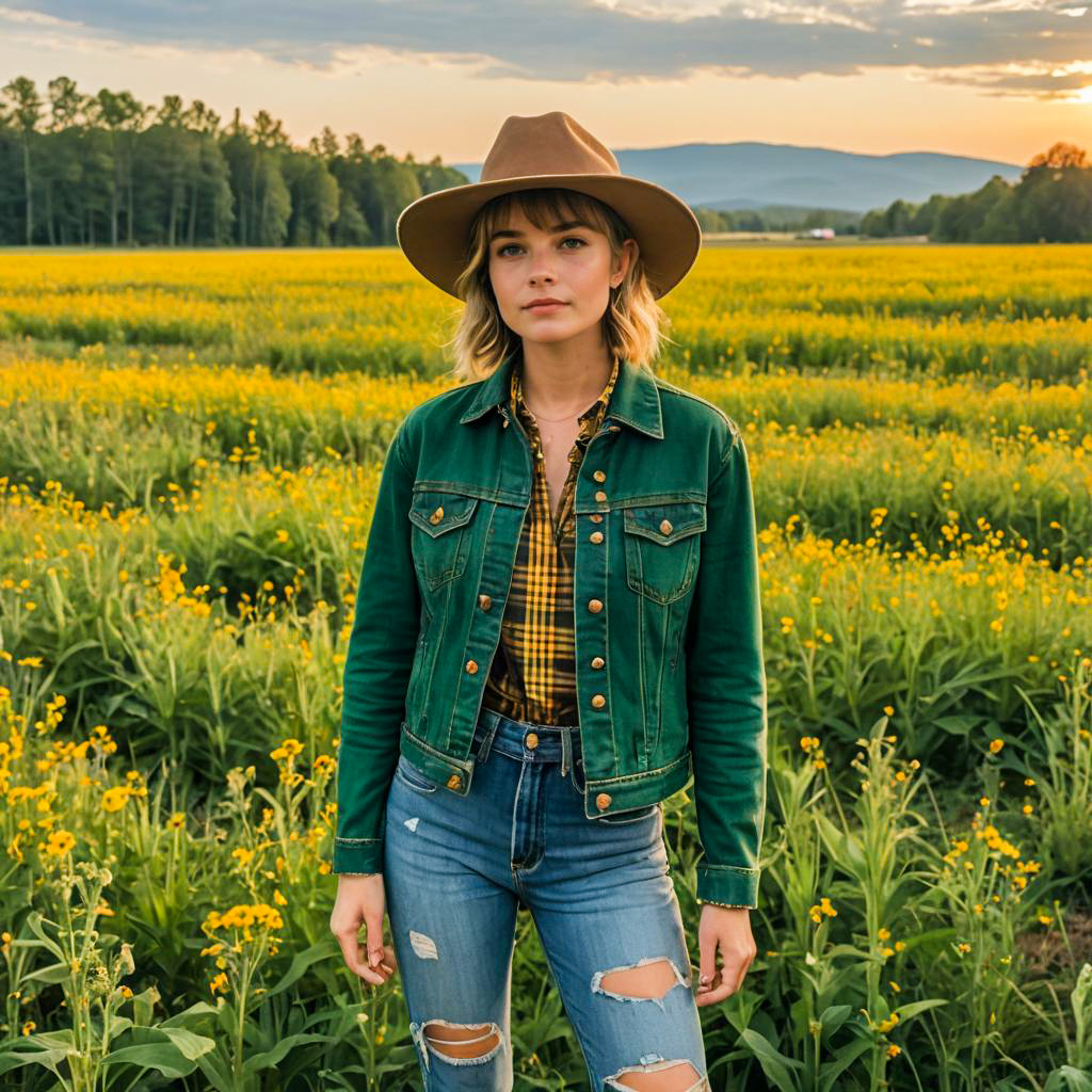 Young Woman in Brown Hat and Green Jacket in Yellow Flower Field at Sunset