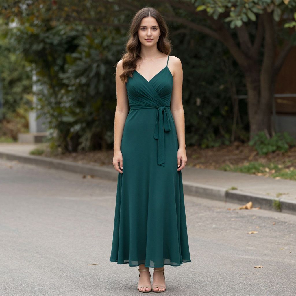 Young Woman Wearing Elegant Dark Green Sleeveless Wrap Dress Outdoors