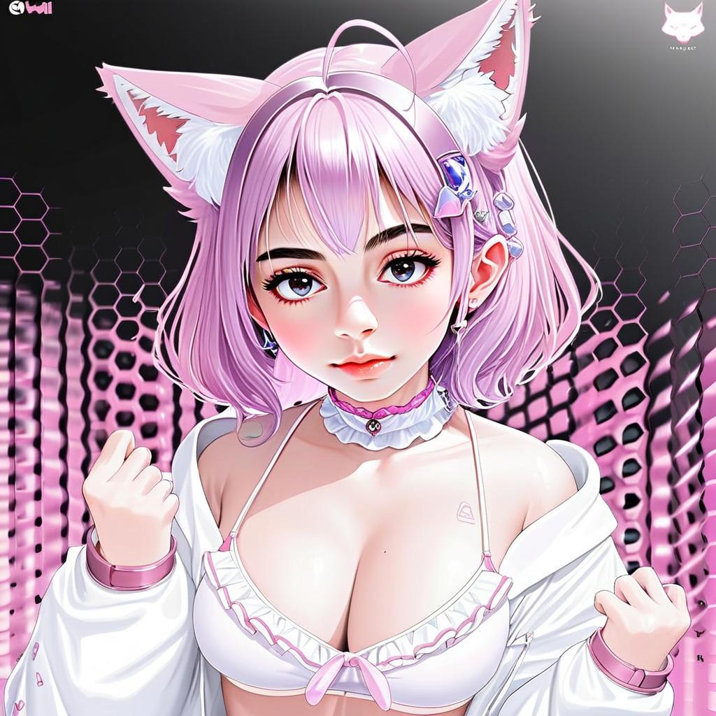 Hakui Koyori Anime Portrait with Fox Ears in Vibrant Pink Style