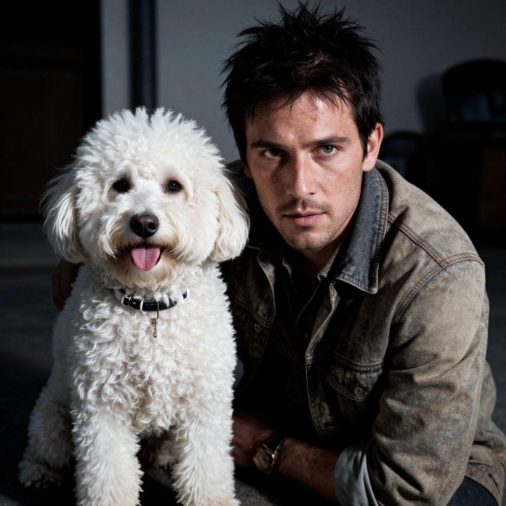 Man and Fluffy White Dog Indoor Portrait vllm26032803461t23