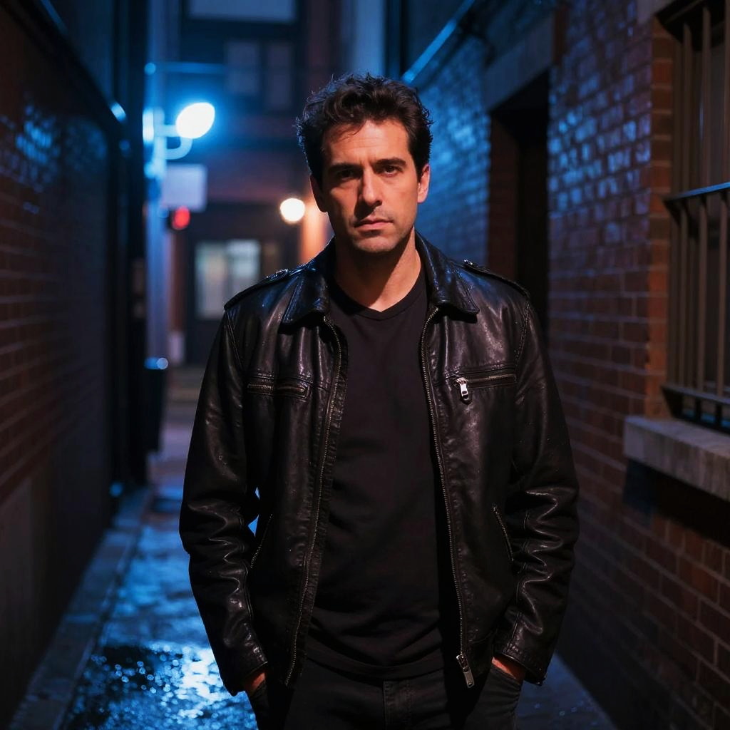 Man in Black Leather Jacket Standing in Moody Urban Alley at Night