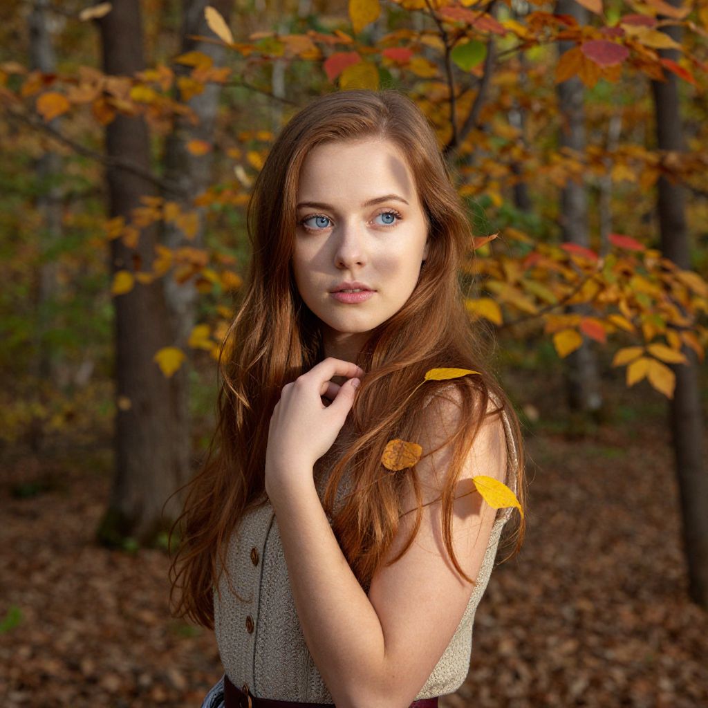 Young Woman in Autumn Forest with Yellow Leaves and Soft Natural Light