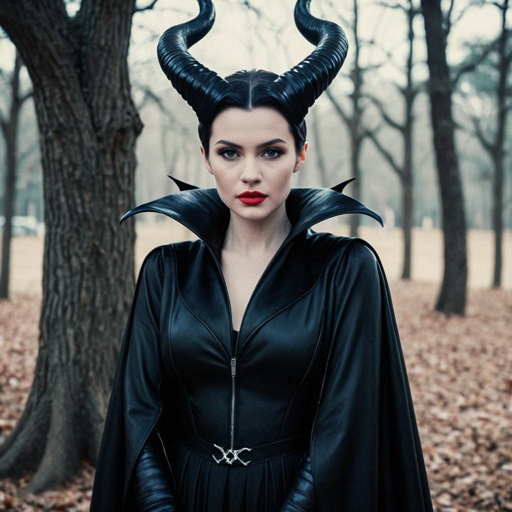 Woman in Black Leather Outfit with Horns in Forest Woman in Black Leather Outfit with Horns in Forest