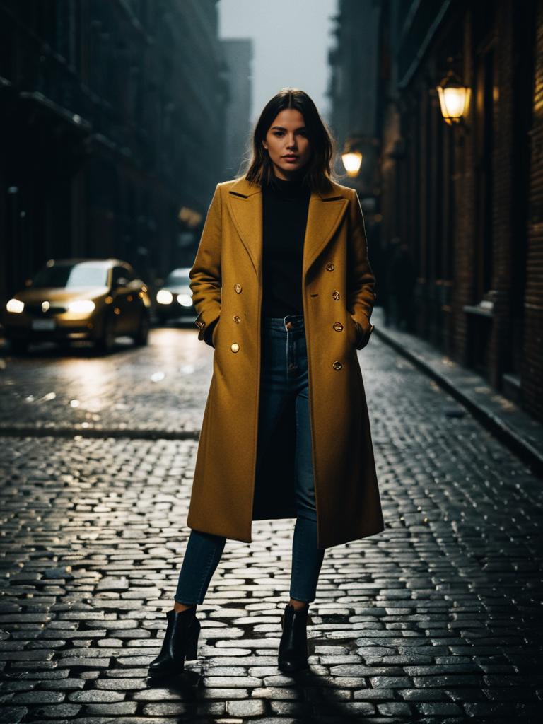 Woman in Tan Overcoat Standing on Cobblestone Street at Dusk