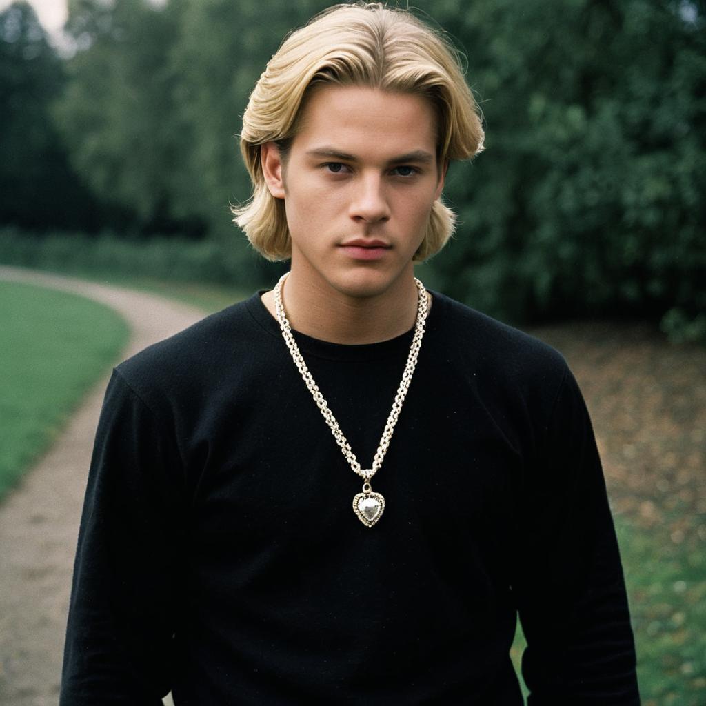 Blonde Young Man Wearing Gold Heart Pendant Necklace Outdoors