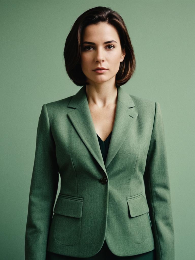 Professional Woman in Sage Green Suit Waist Up Photorealistic Portrait