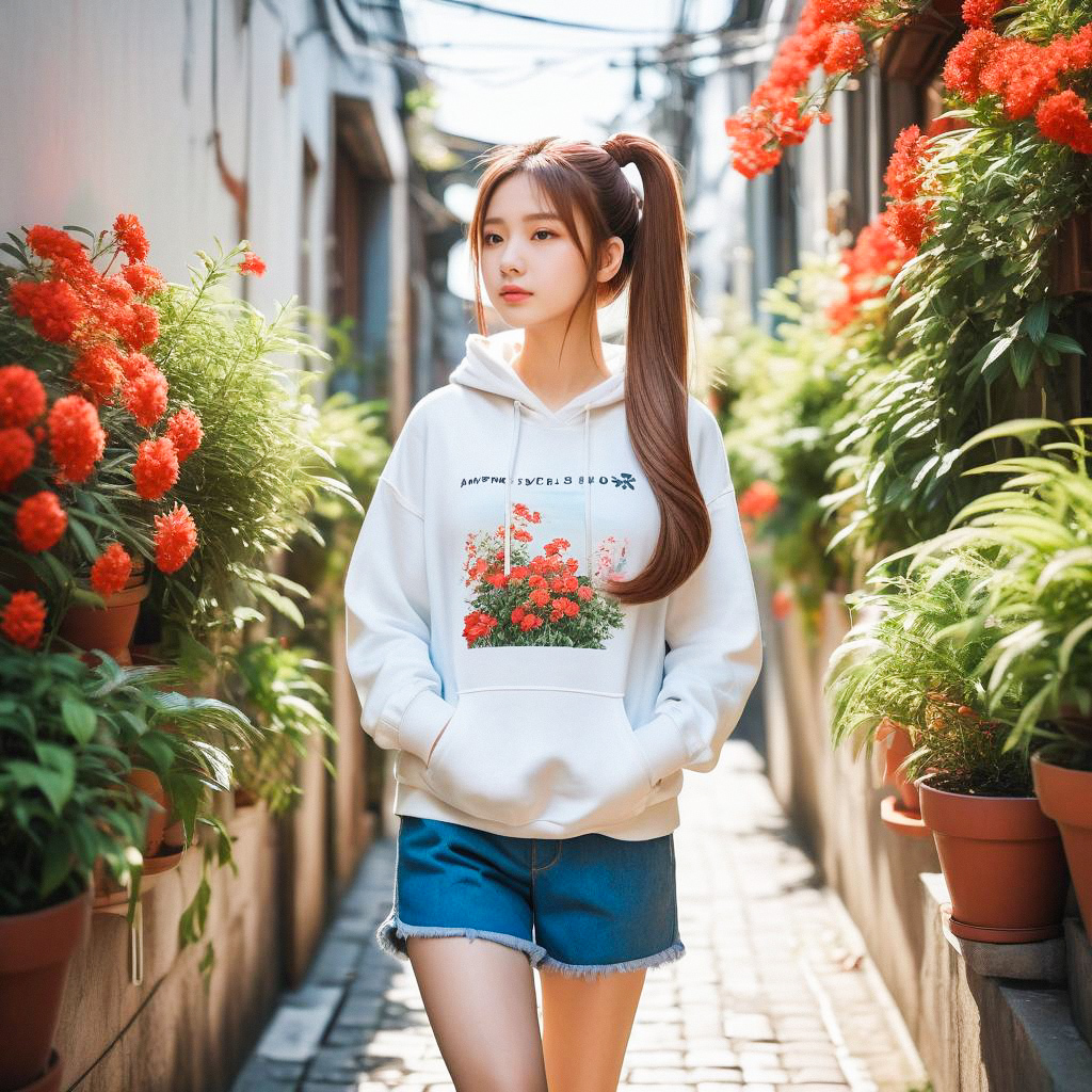 Young Woman in Hoodie Strolling Through Flower Garden
