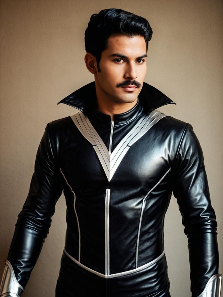 Man in Realistic Mercury Black Costume Cosplay with Silver Accents
