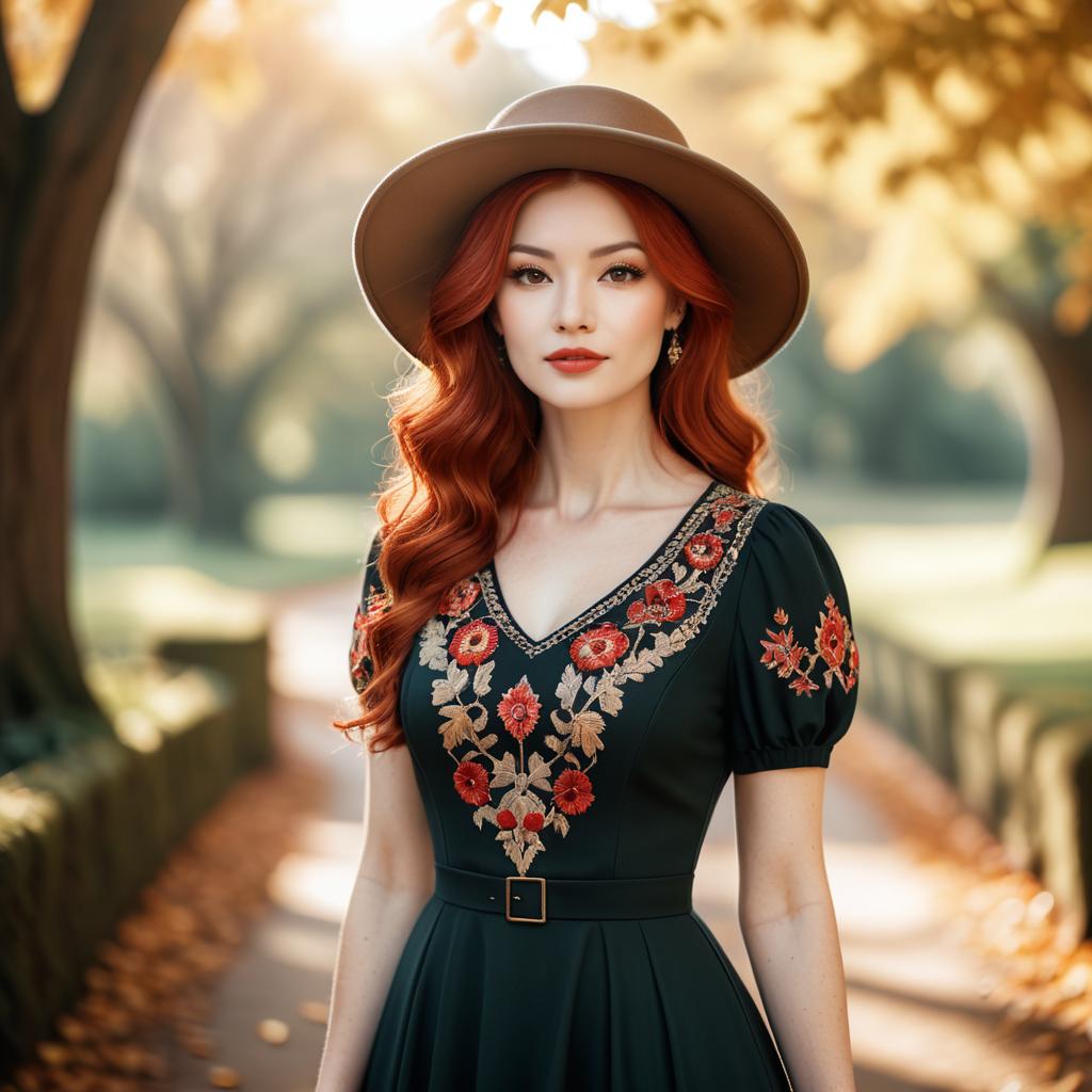 Elegant Woman in Embroidered Dress and Hat in Autumn Park