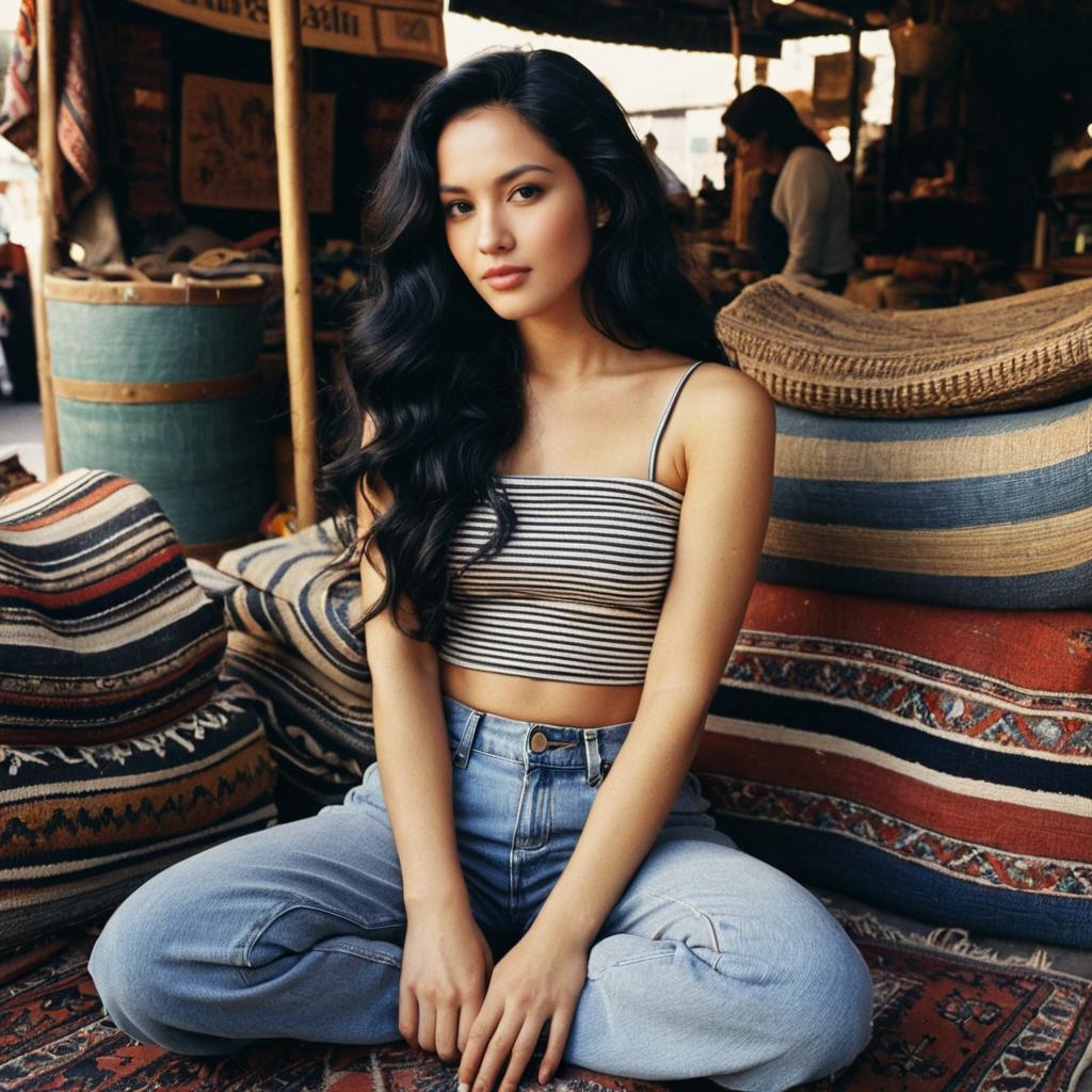 Young Woman Sitting Among Woven Textiles in Market Casual Outfit