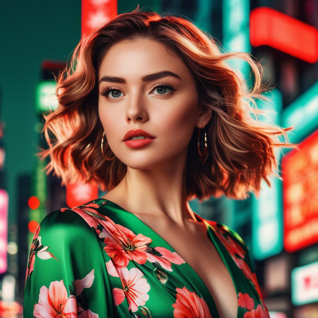 Stylish Woman in Floral Dress Against Neon Urban Night Stylish Woman in Floral Dress Against Neon Urban Night