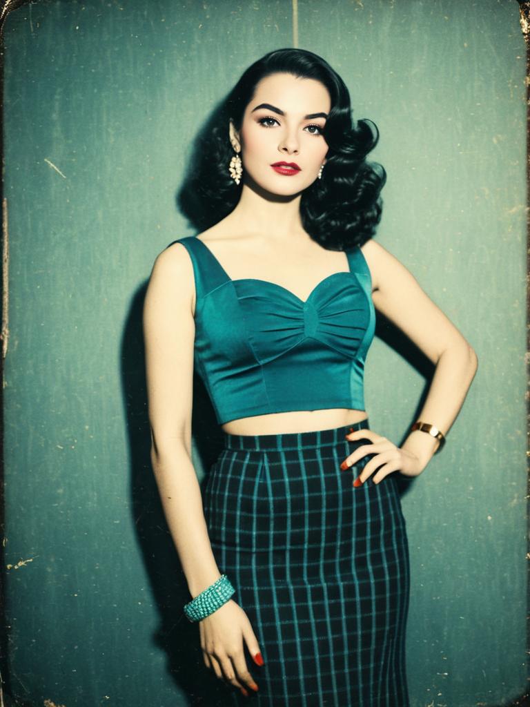 Woman in Chic Black and White Checked Crop Top with Vintage Style