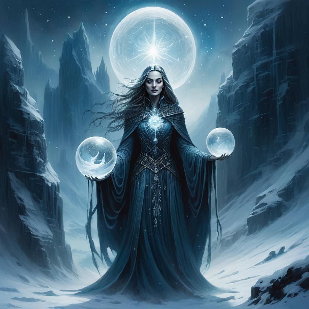 Mystical Woman in Snowy Mountains with Crystal Spheres