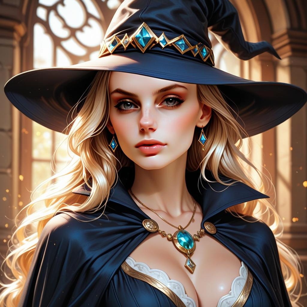 Witch Portrait with Black Hat and Blue Gemstones
