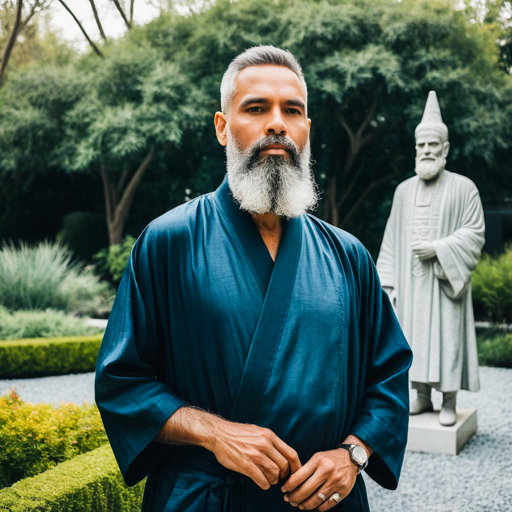 Confident Man in Blue Robe in Lush Garden Confident Man in Blue Robe in Lush Garden