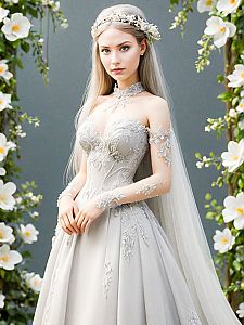 Elegant Bride in Lace Wedding Gown with Floral Crown