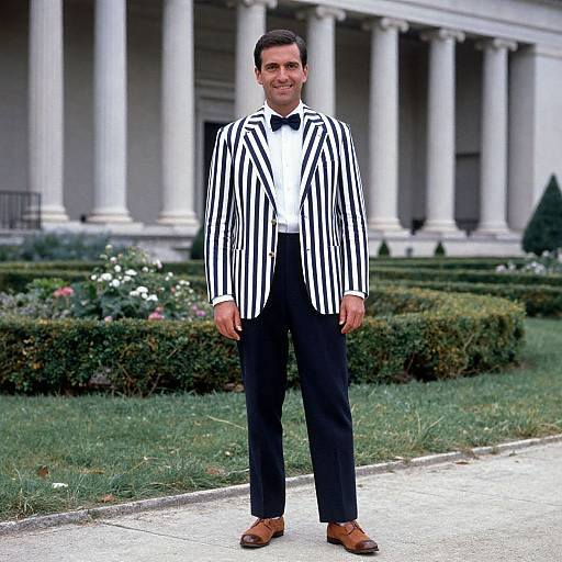 Man Wearing Navy and White Striped Blazer with Bow Tie Outdoors
