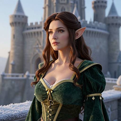 Fantasy Elf Woman in Green Velvet Medieval Gown by Castle