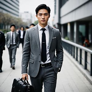 Confident Young Man in Gray Suit on City Street