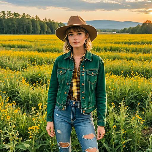 Young Woman in Brown Hat and Green Jacket in Yellow Flower Field at Sunset
