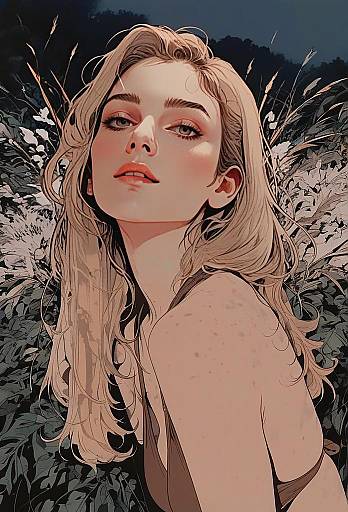 Digital Illustration of Blonde Woman in Nature Background