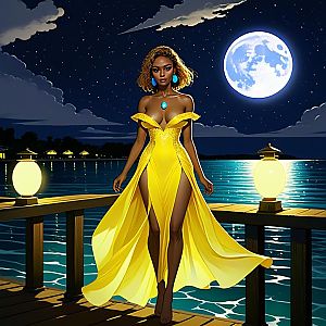 Woman in Yellow Gown on Moonlit Pier