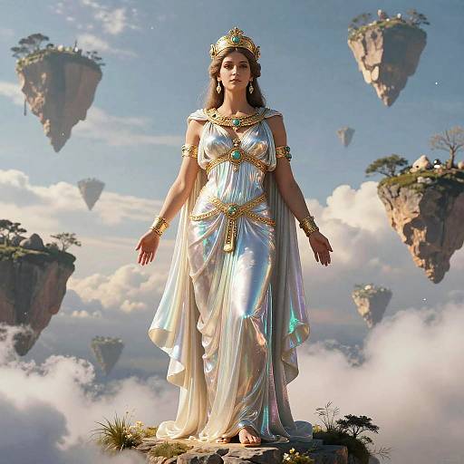 Ethereal Woman in Iridescent Gown with Crown Among Floating Islands Fantasy