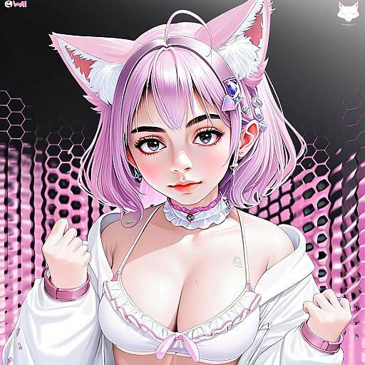 Hakui Koyori Anime Portrait with Fox Ears in Vibrant Pink Style