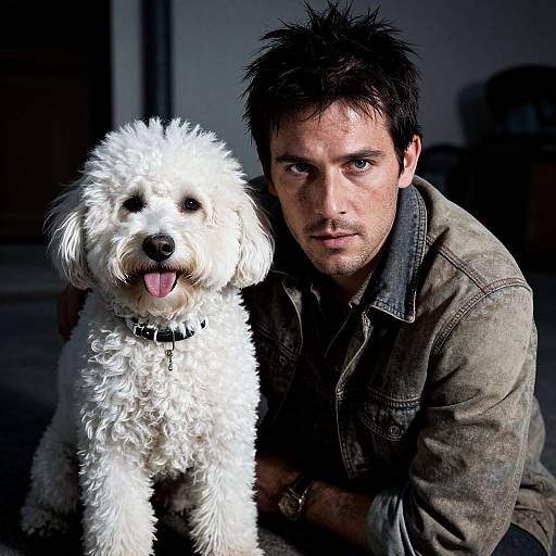 Man and Fluffy White Dog Indoor Portrait vllm26032803461t23