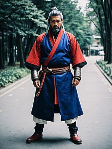 Man in Realistic Auron Cosplay Costume on Urban Street