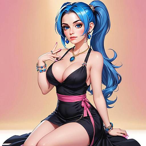 Anime Woman with Blue Hair in Elegant Black Dress and Blue Gemstone Jewelry