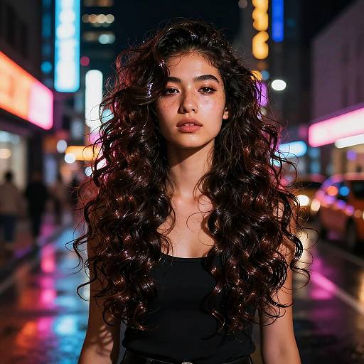 Young Woman with Curly Hair in Neon-lit Urban Night Scene