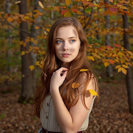 Young Woman in Autumn Forest with Yellow Leaves and Soft Natural Light