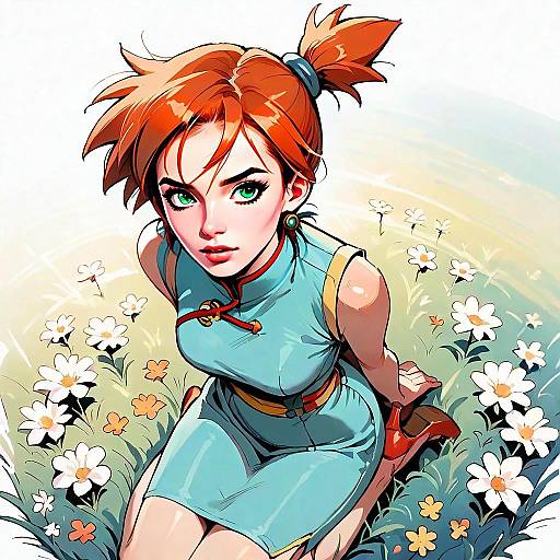 Anime Style Red-Haired Woman in Blue Dress Among Flowers