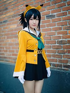 Sexy Cosplay Woman Wearing Rin Costume with Yellow Jacket and Black Skirt