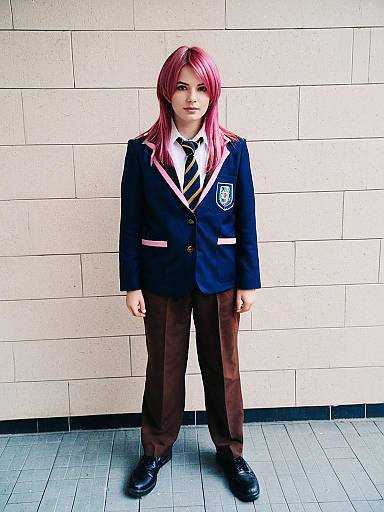 Young Woman in Navy Blue School Uniform with Pink Hair